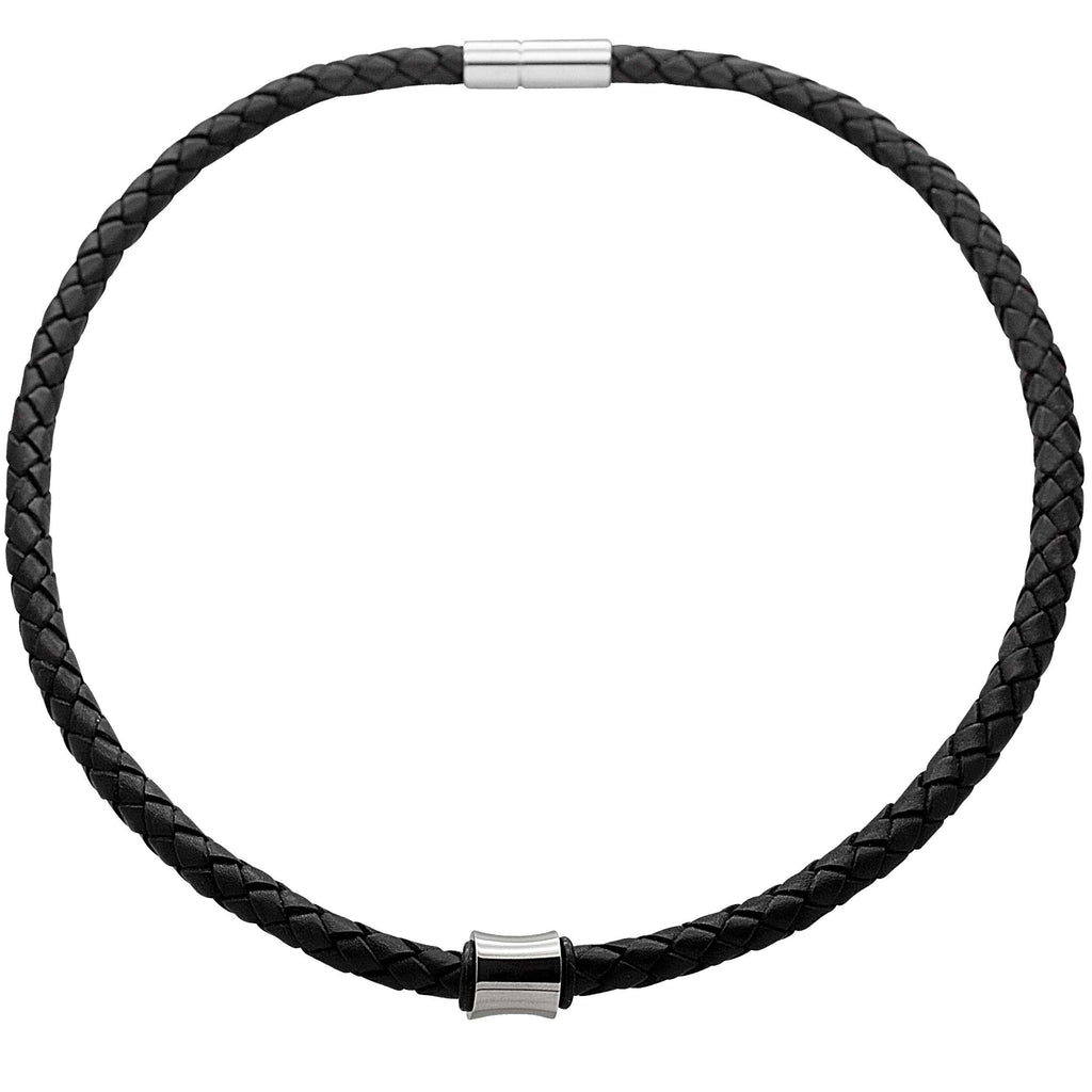 Woven Black Leather Necklace with a Polished Concave Titanium Bead