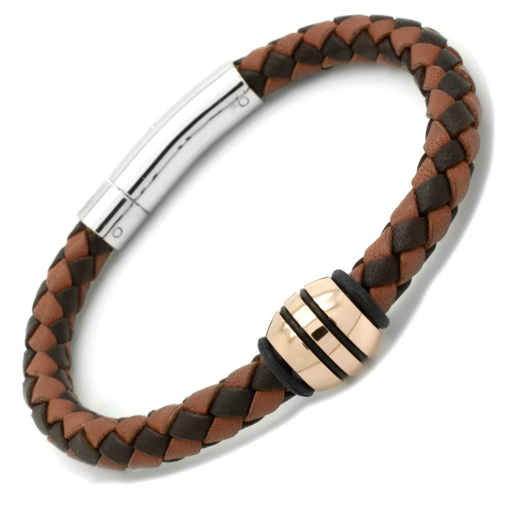 Two Tone Brown Woven Leather Bracelet Polished Rose Gold Titanium Bead