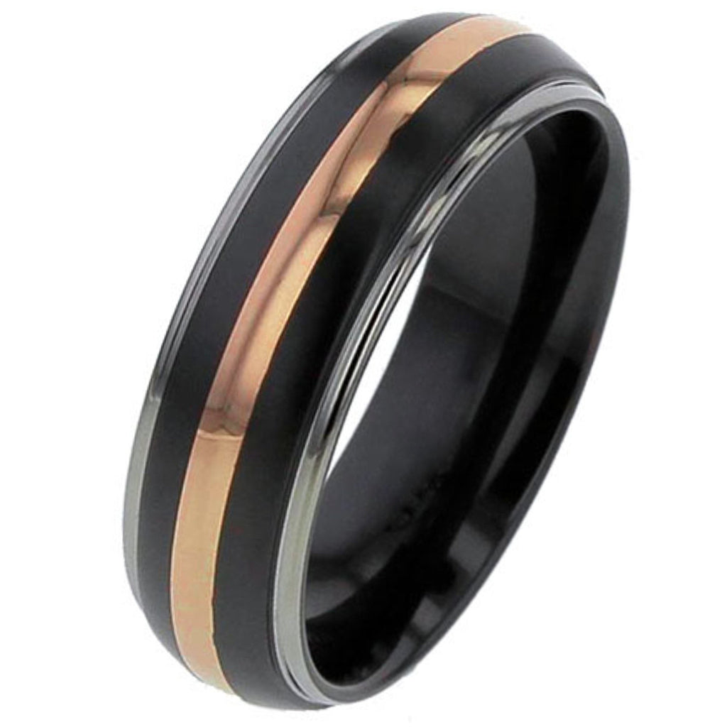 Domed Zirconium Wedding Ring with Rose Gold Inlay
