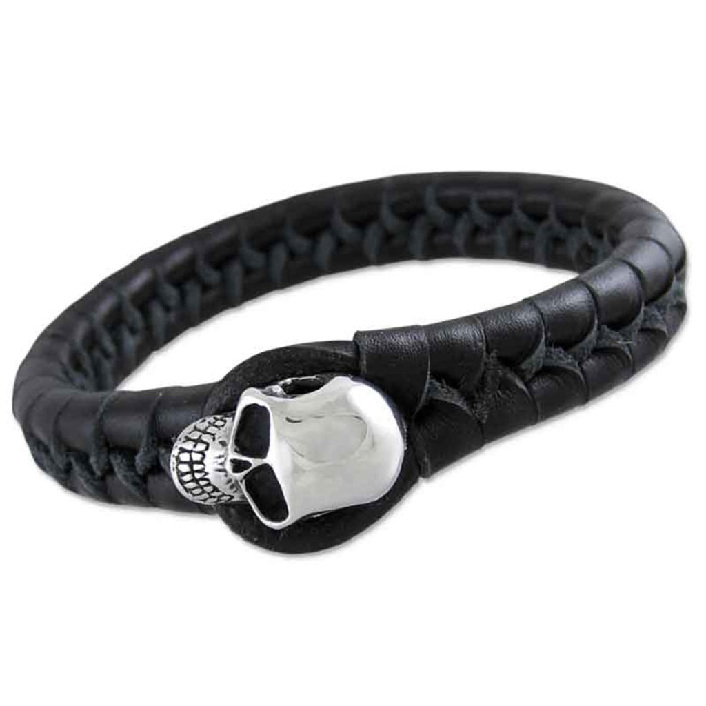 Chunky Black Woven Leather Silver Skull Bracelet