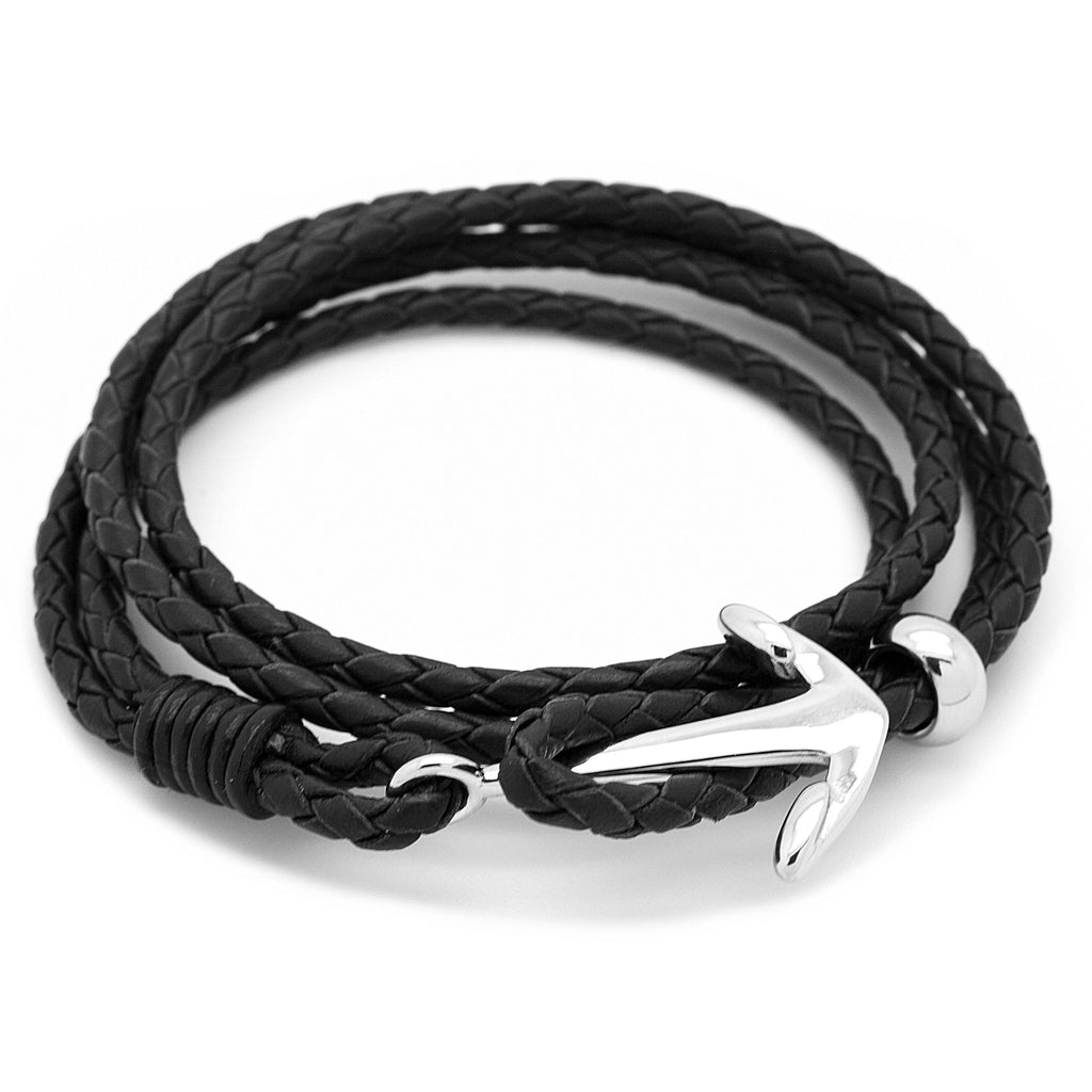 Black Plaited Leather Anchor Bracelet