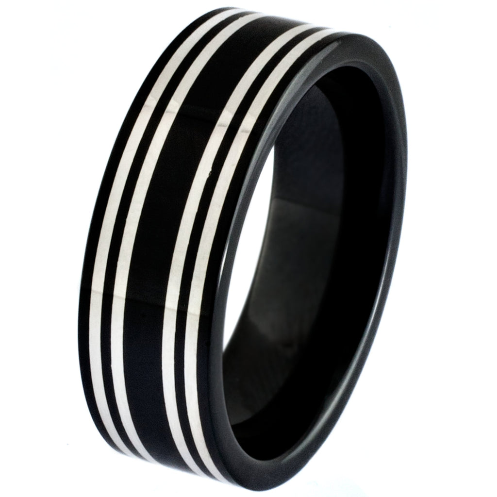 Black Ceramic Zirconium Ring with Central Silver Inlays