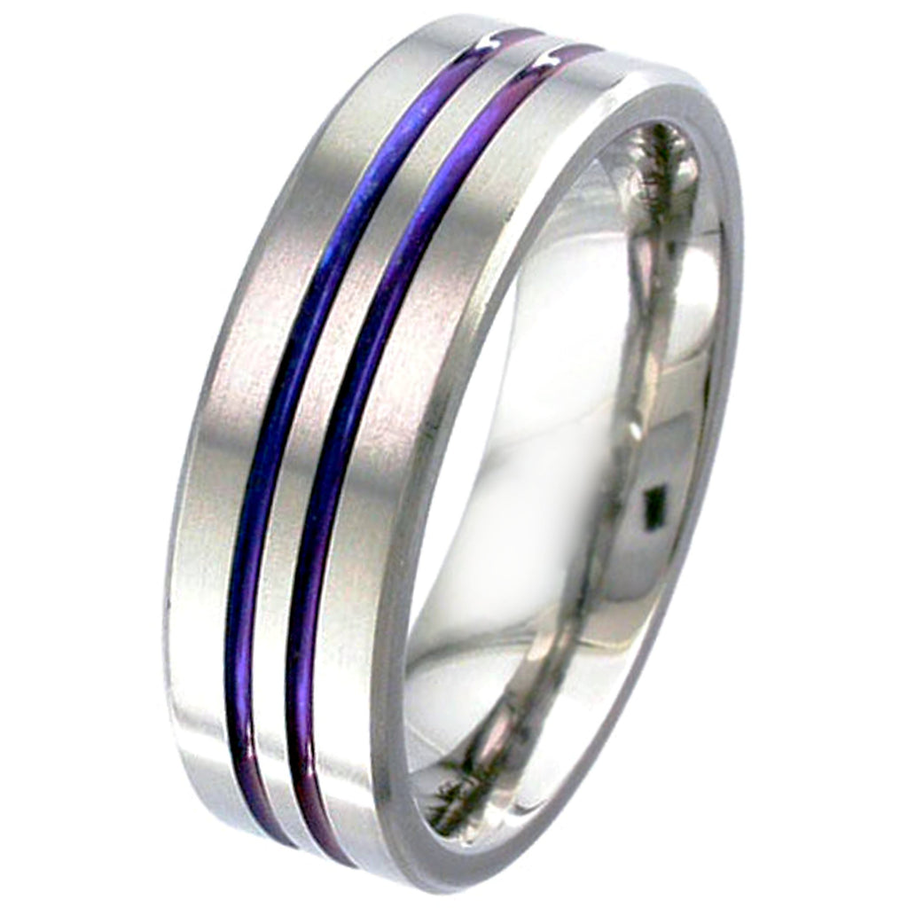 Flat Profile Zirconium Wedding Ring with Anodised Bands