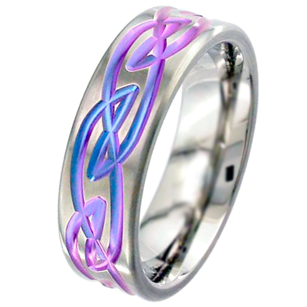 Flat Profile Anodised Zirconium Wedding Ring with Celtic Design