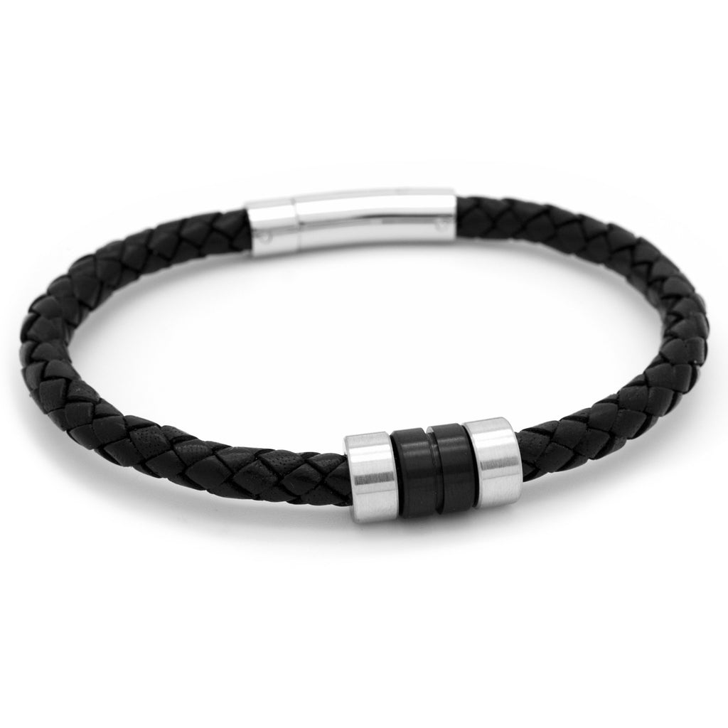 Black Leather Woven Bracelet with Black Links