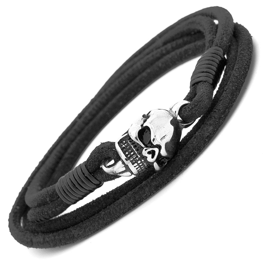 Double Wrap Black Leather Skull Bracelet