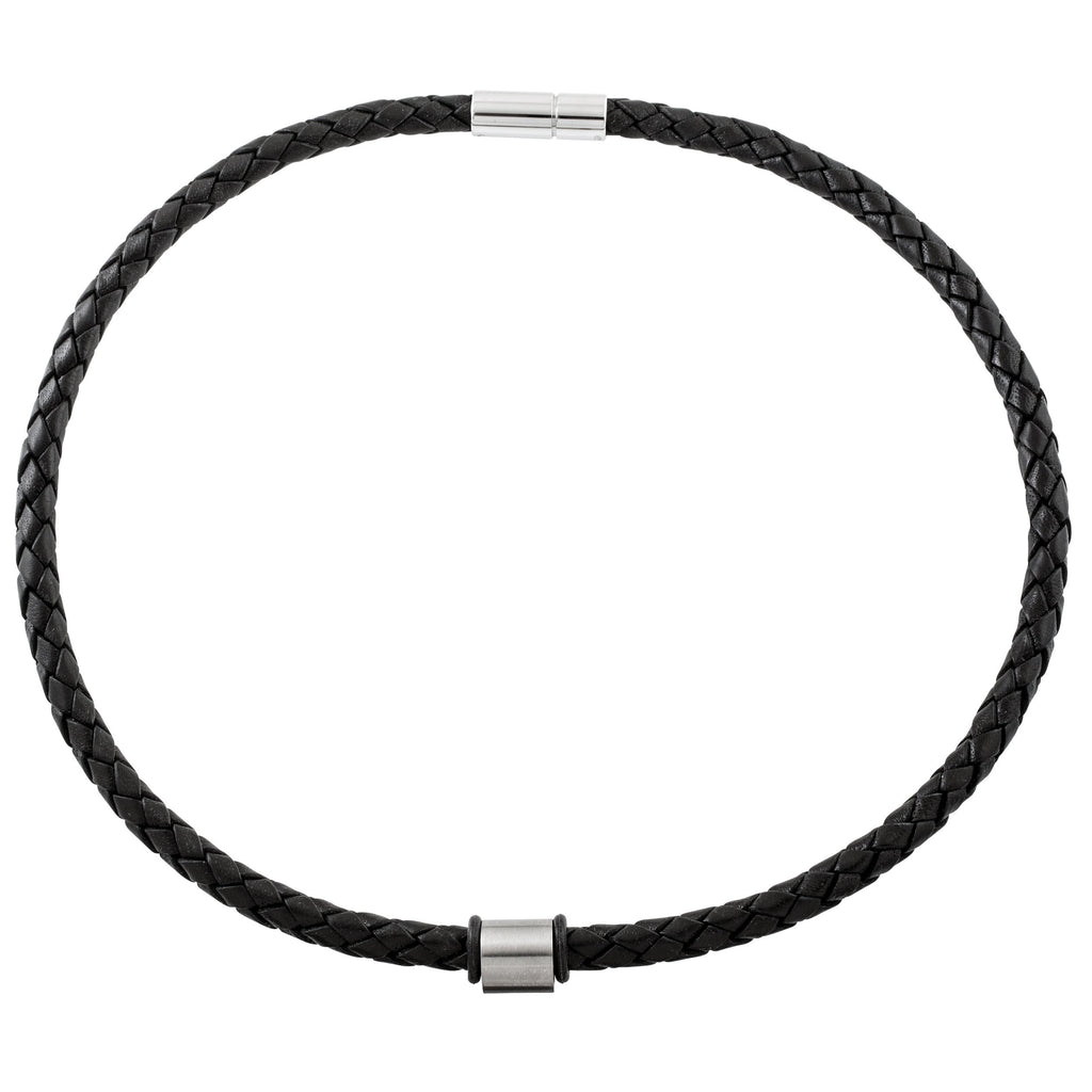 Woven Black Leather Necklace with Satin Finish Titanium Bead