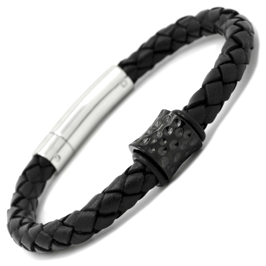 Black Titanium Bead with Black Leather Bracelet