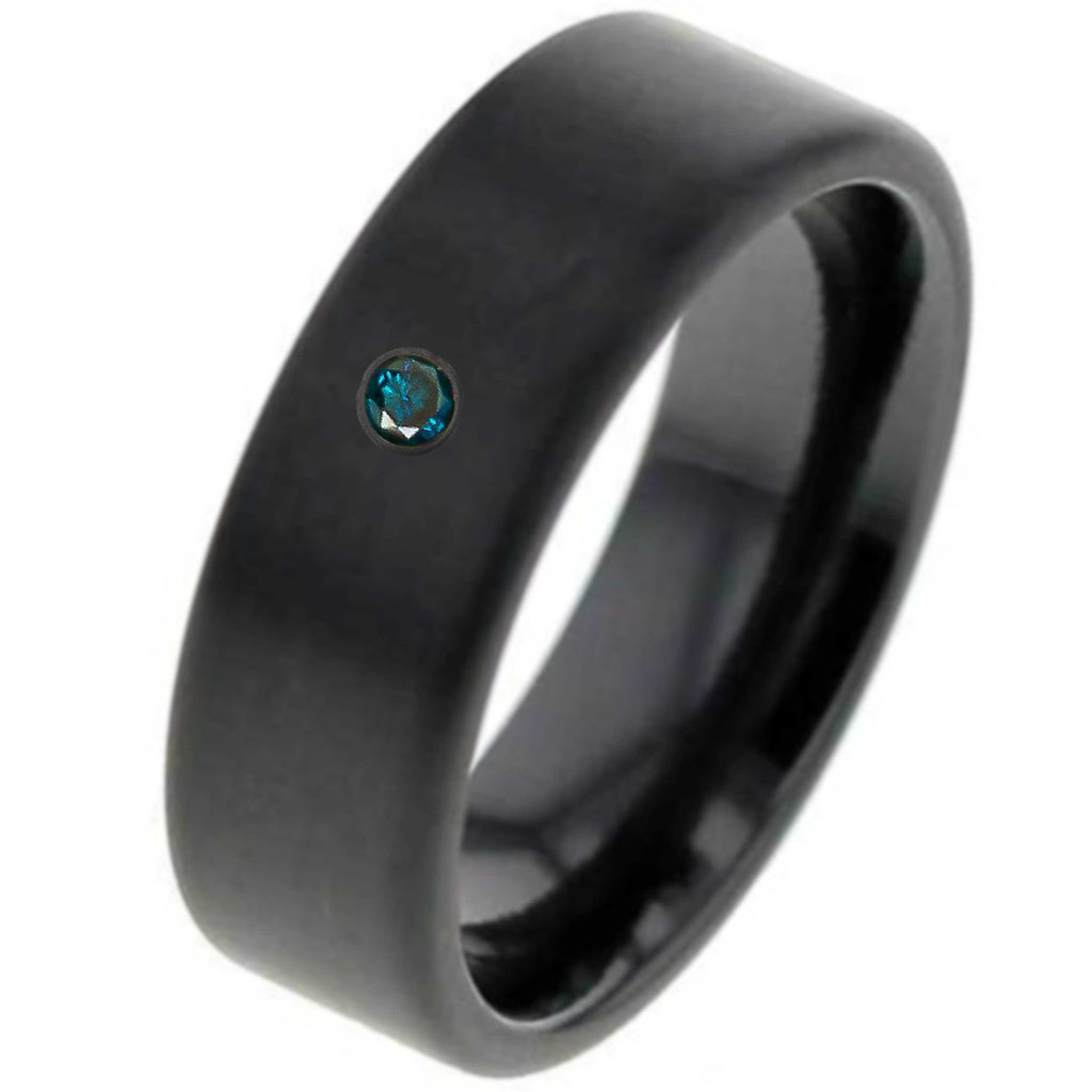 Satin Black Zirconium Ring with Blue Diamond