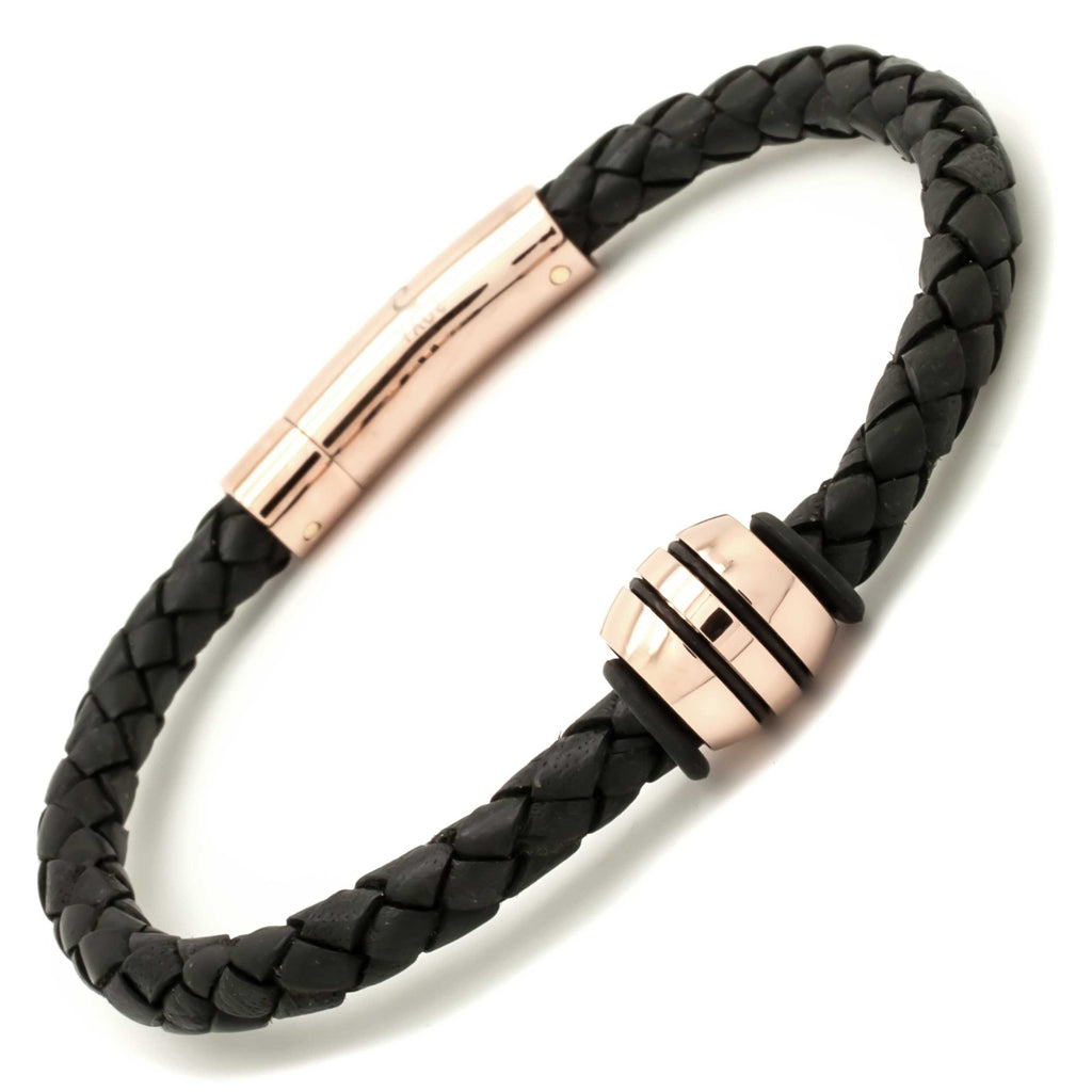 Woven Black Leather Bracelet with Rose Gold Bead and Clasp