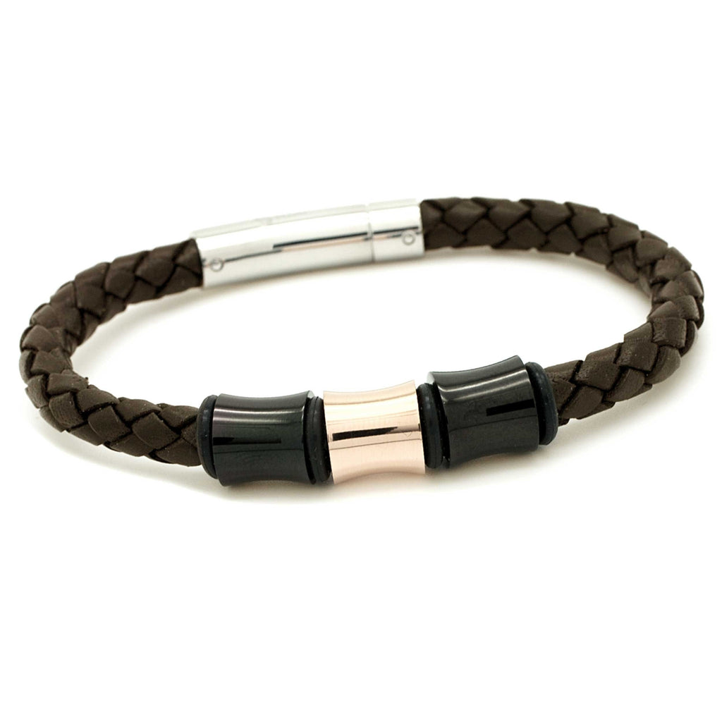 Black & Rose Gold Titanium Beads on a Brown Woven leather Bracelet