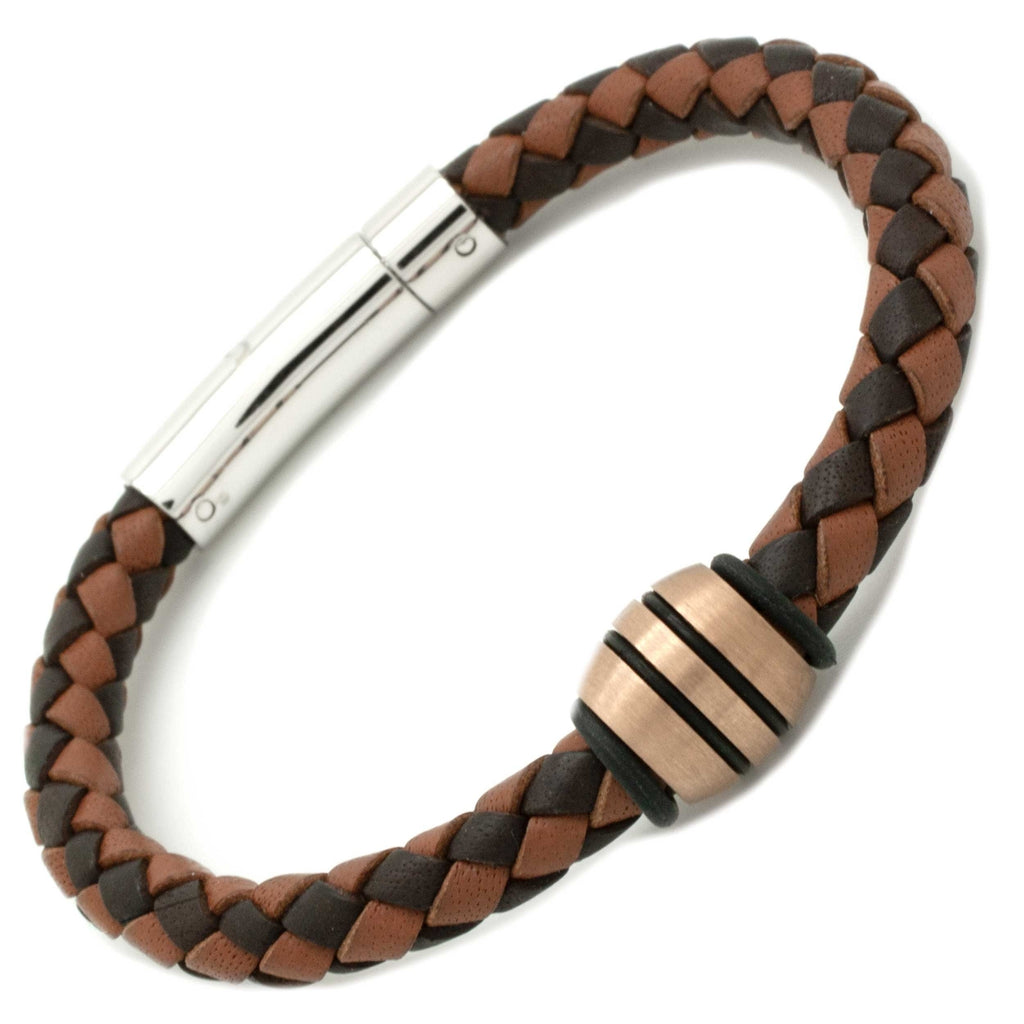 Two Tone Brown Woven Leather Bracelet Satin Rose Gold Titanium Bead