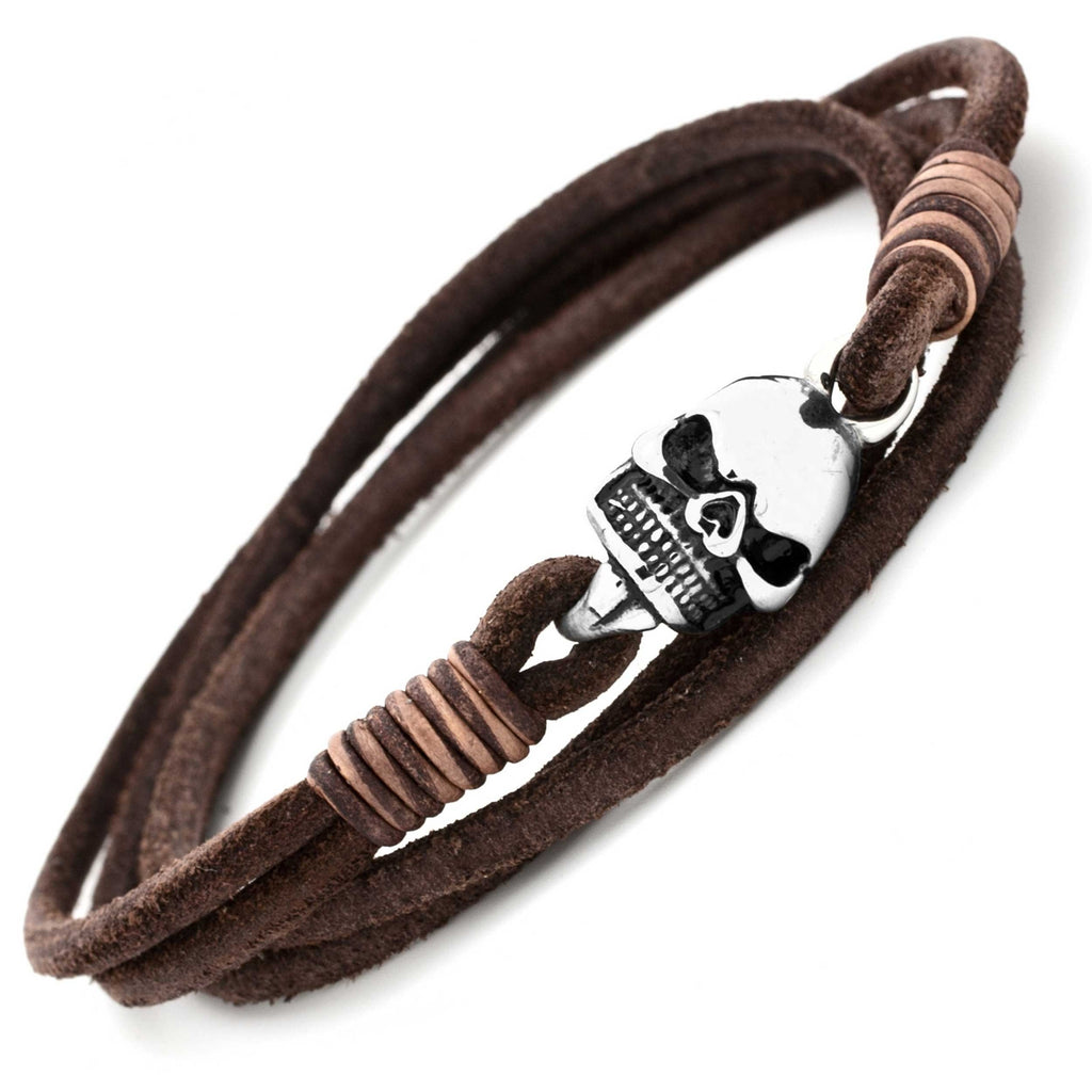 Double Wrap Brown Leather Skull Bracelet