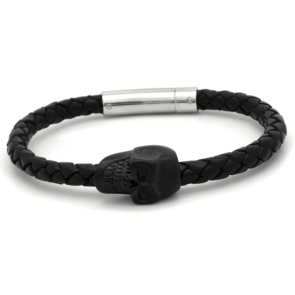 Black Steel Skull Leather Bracelet 