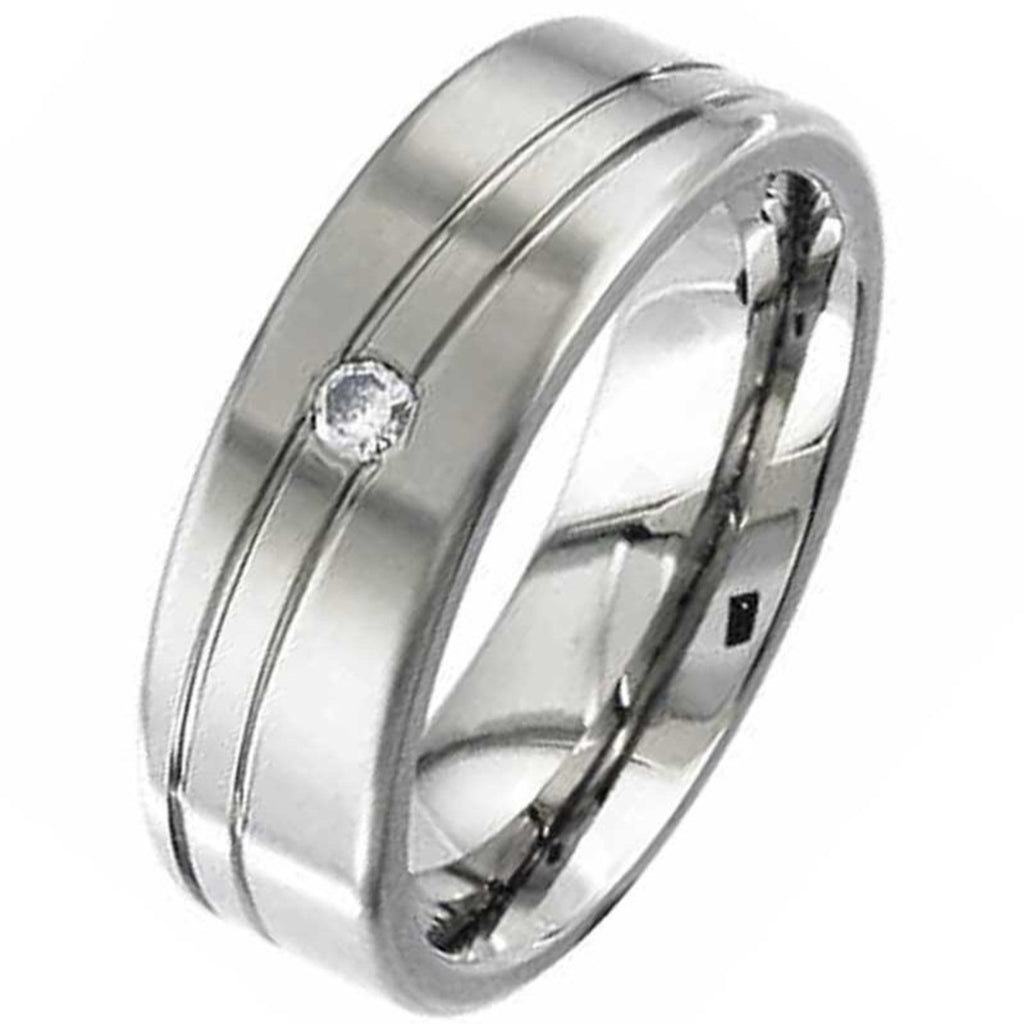 Twin Groove & Diamond Set Titanium Ring 