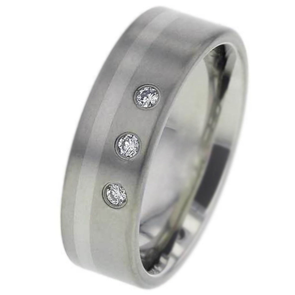 Diamond Set Titanium Wedding Ring with Platinum Inlay