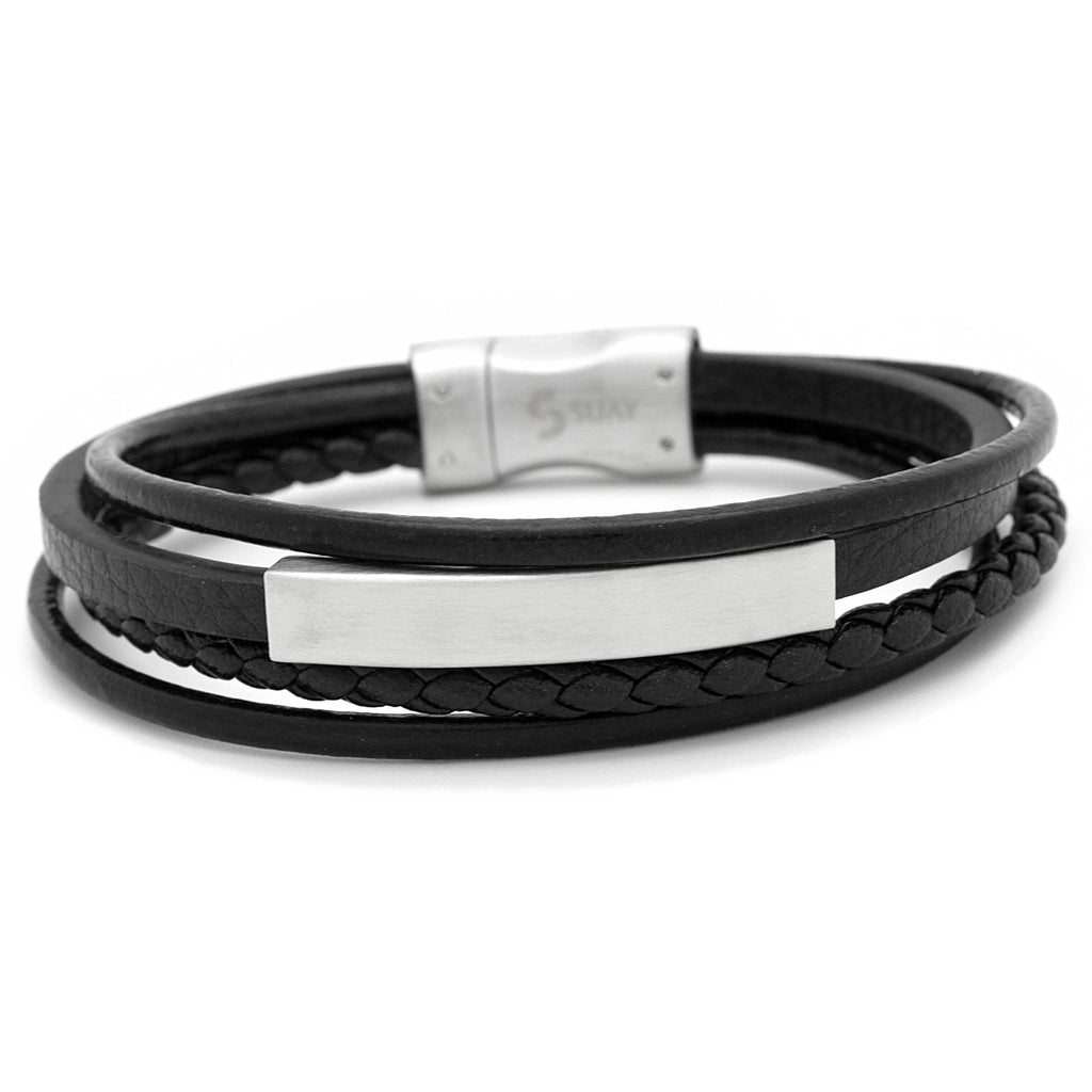 Black Leather Bracelet Steel Clasp