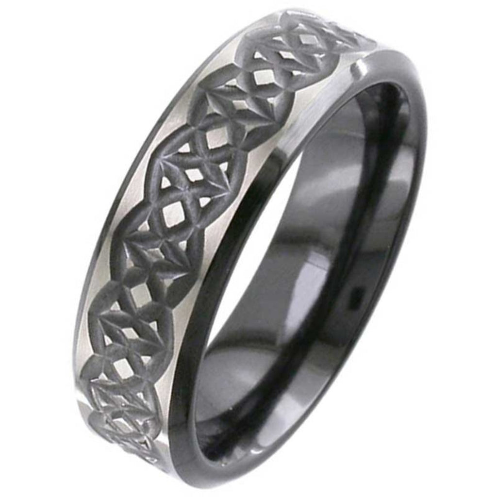 Flat Profile Black Zirconium Celtic Wedding Ring 