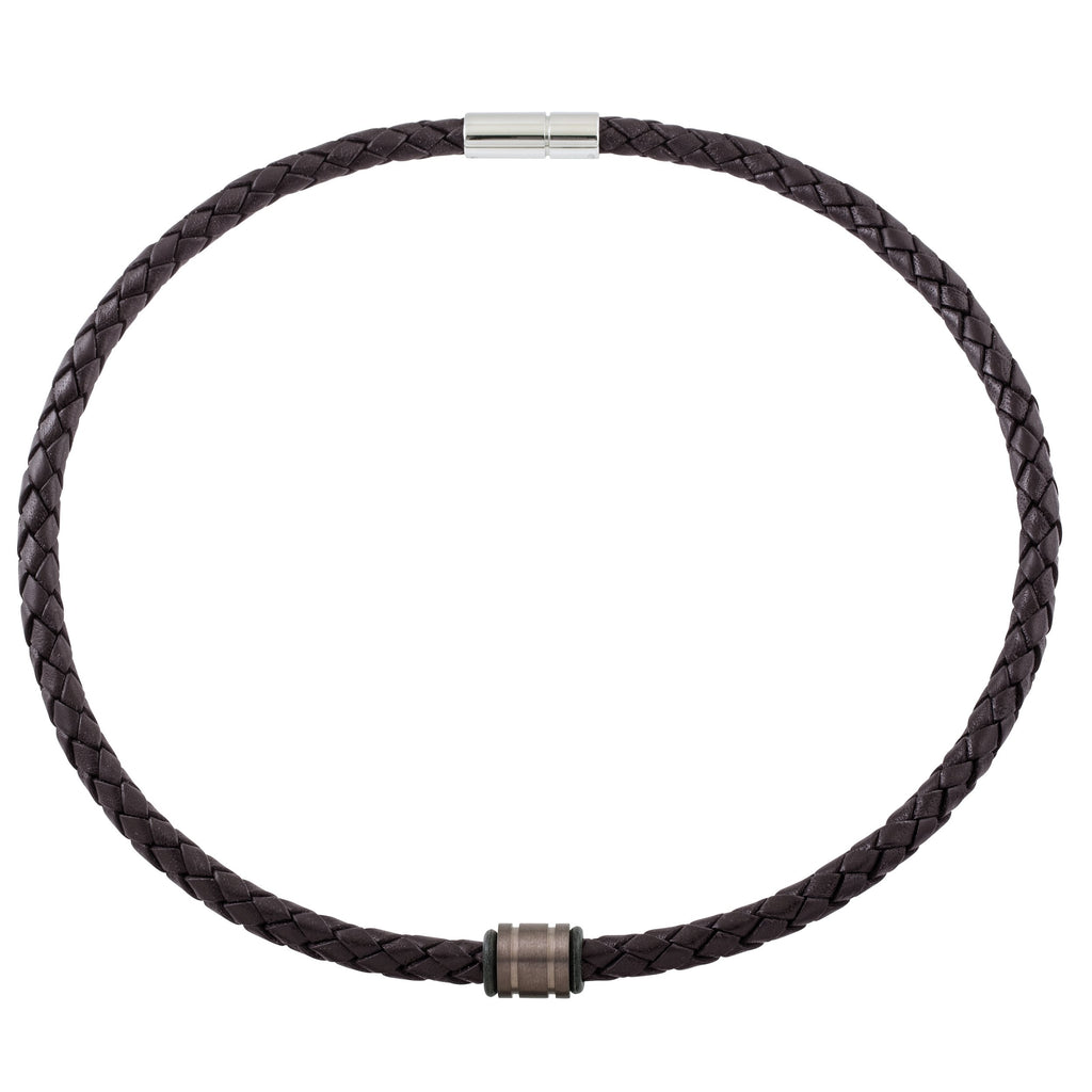 Woven Brown Leather Necklace with Channelled Coffee Coloured Titanium Bead