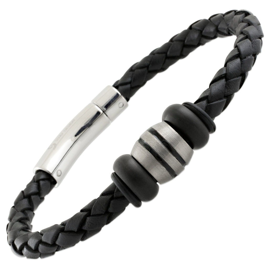 Black Plaited Bolo Leather Bracelet with Black Titanium Black Beads