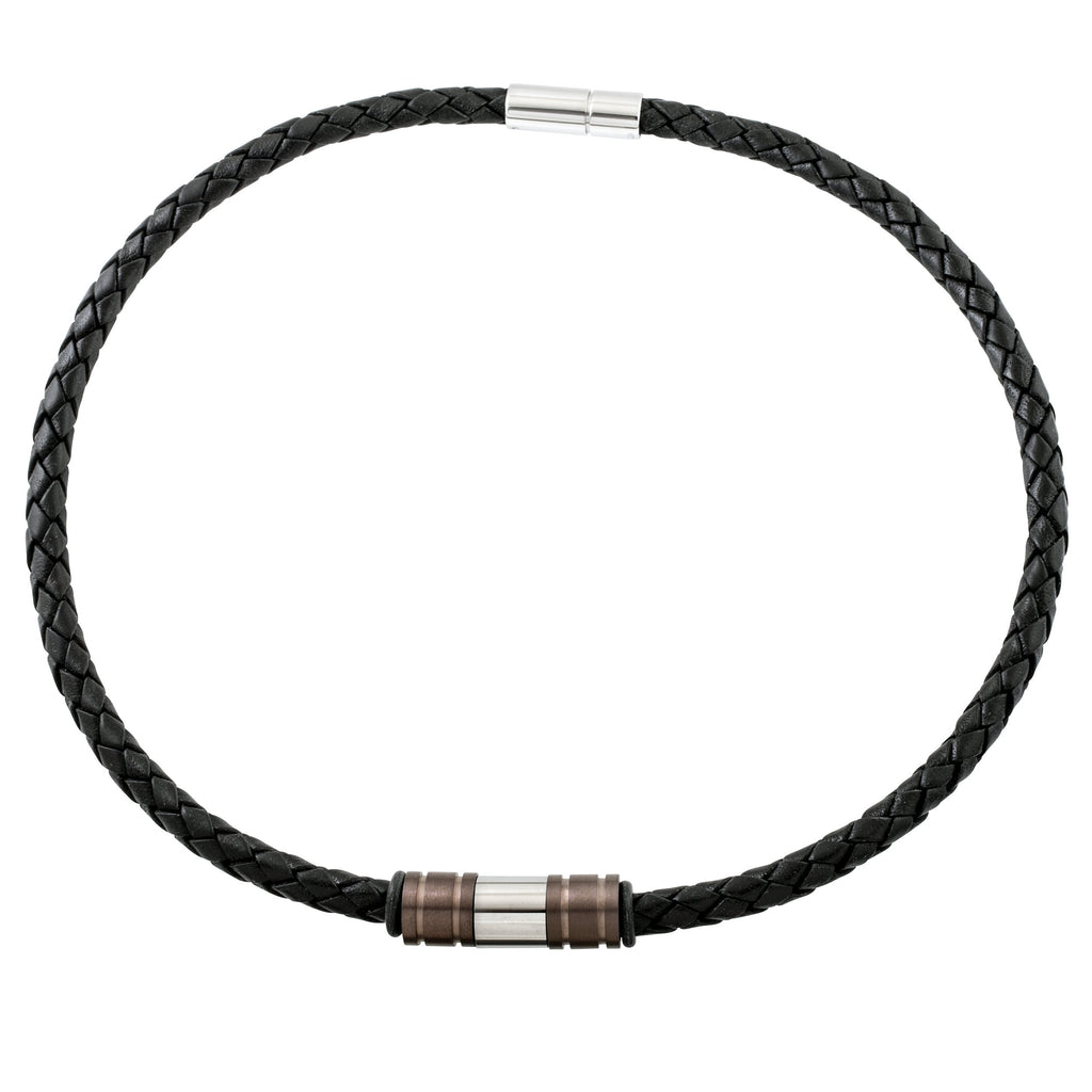 Woven Black Leather Necklace with Coffee Coloured Titanium Beads