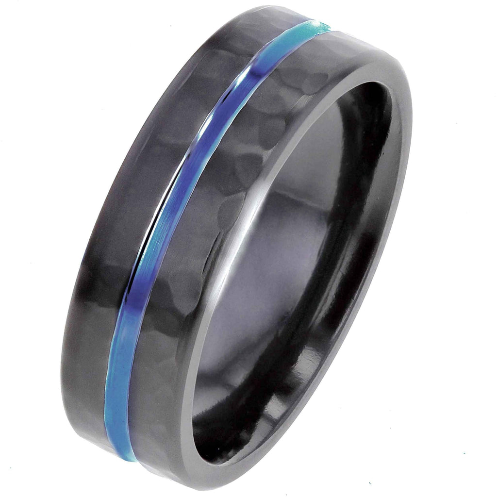 Hammered Black Zirconium Ring with Blue Anodised Centre
