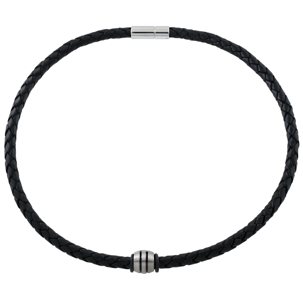 Woven Black Leather Necklace with Stripe Detailed Titanium Bead