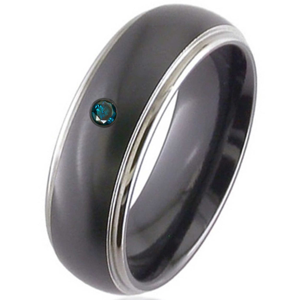 Dome Profile Black Zirconium Wedding Ring with Blue Diamond 