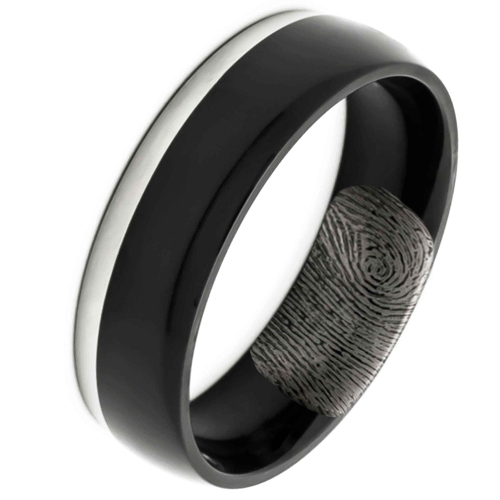 Black and Polished Titanium Ring with Secret Fingerprint