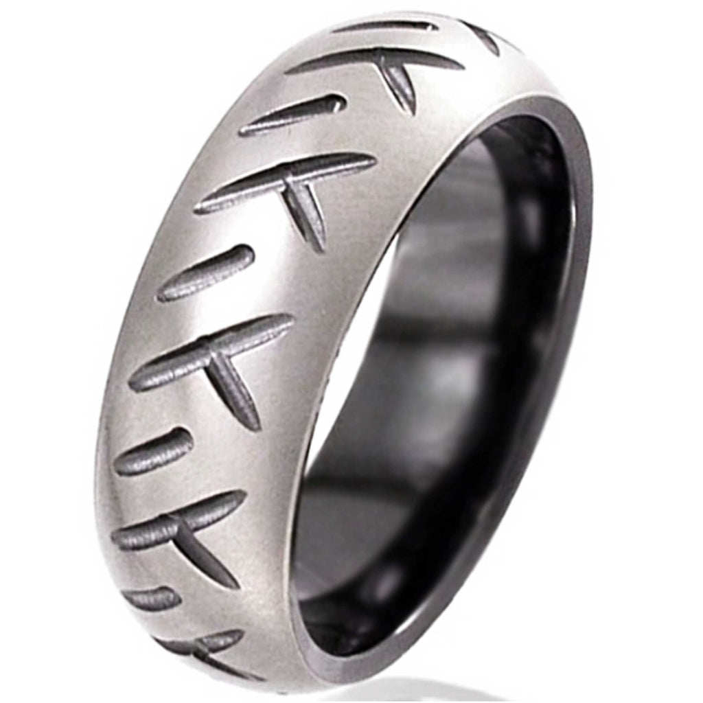 Dome Profile Zirconium Wedding Ring with Motorbike Tread Detail