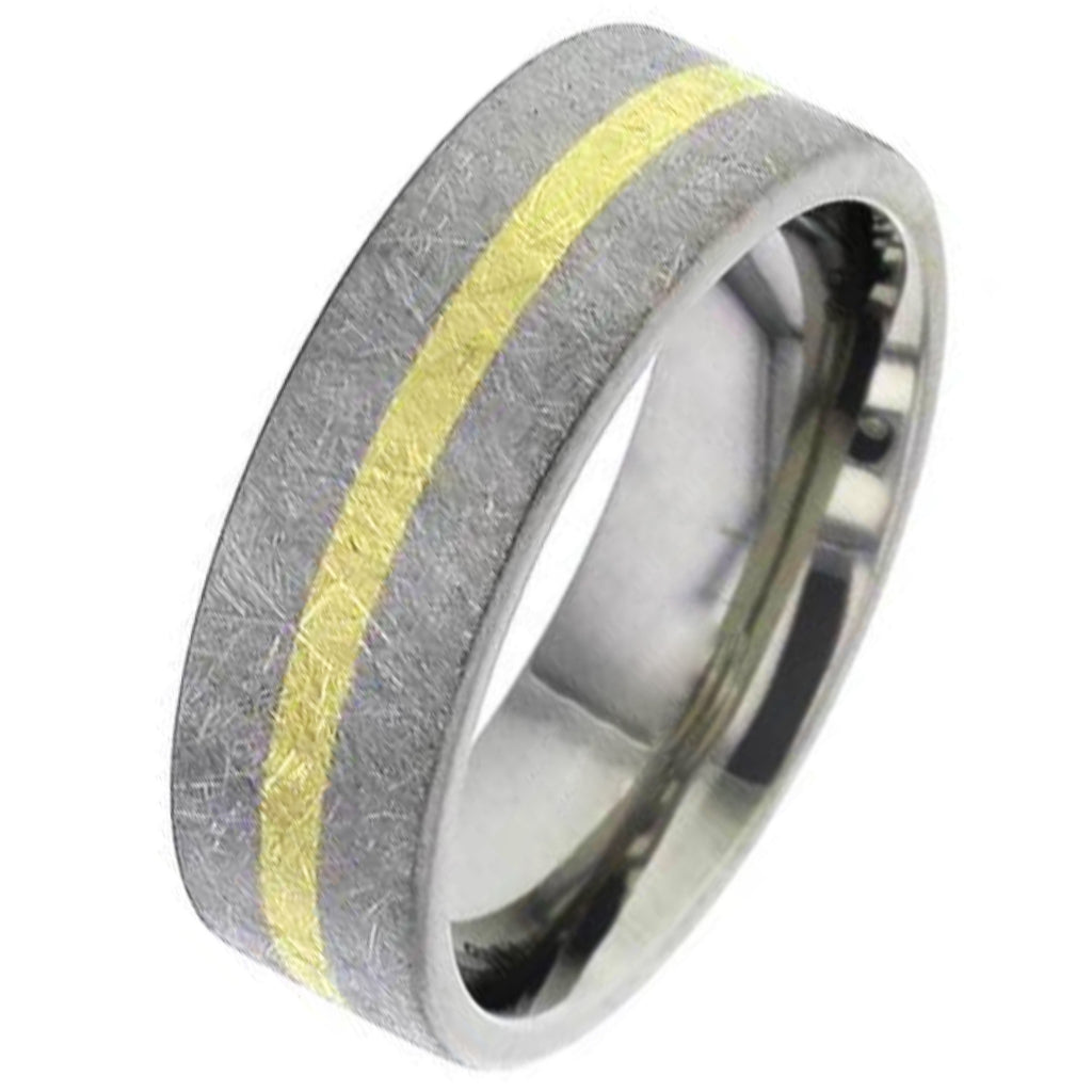Wire Brushed Flat Profile Titanium Wedding Ring with Gold Inlay 