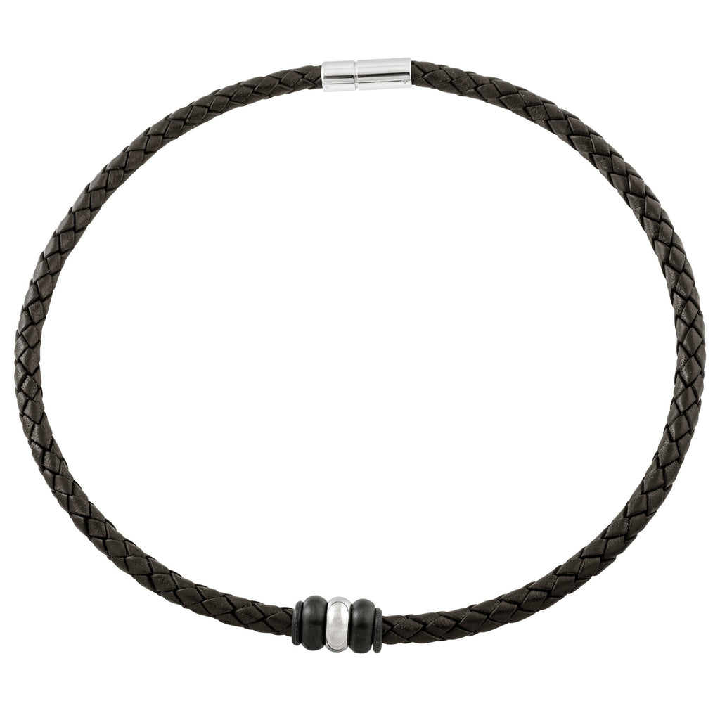 Woven Brown Leather Necklace with Triple Titanium Beads