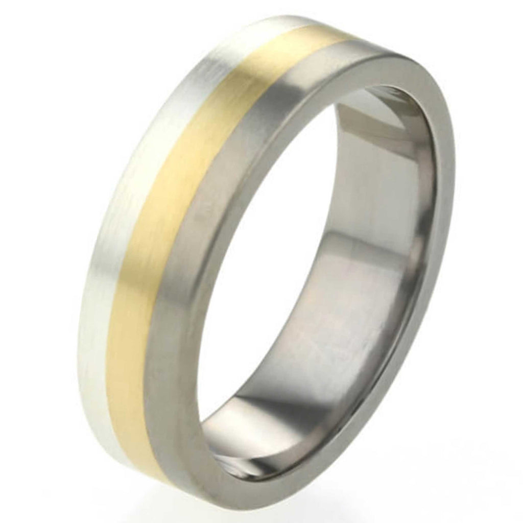 Tri Colour Titanium ring with Silver and Yellow Gold Inlays
