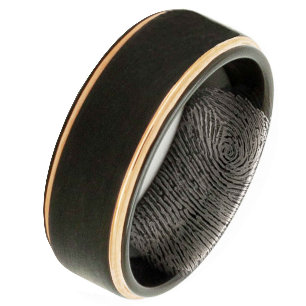 Black And Rose Gold Tungsten Ring With Fingerprint
