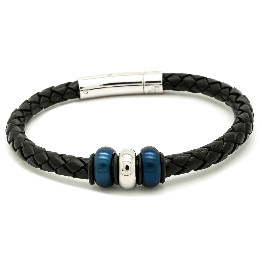 Black Woven Leather Bracelet with  Blue Titanium Beads