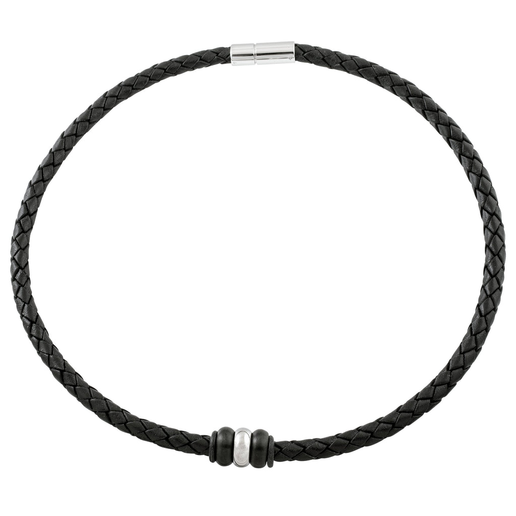 Woven Black Leather Necklace with Triple Titanium Beads