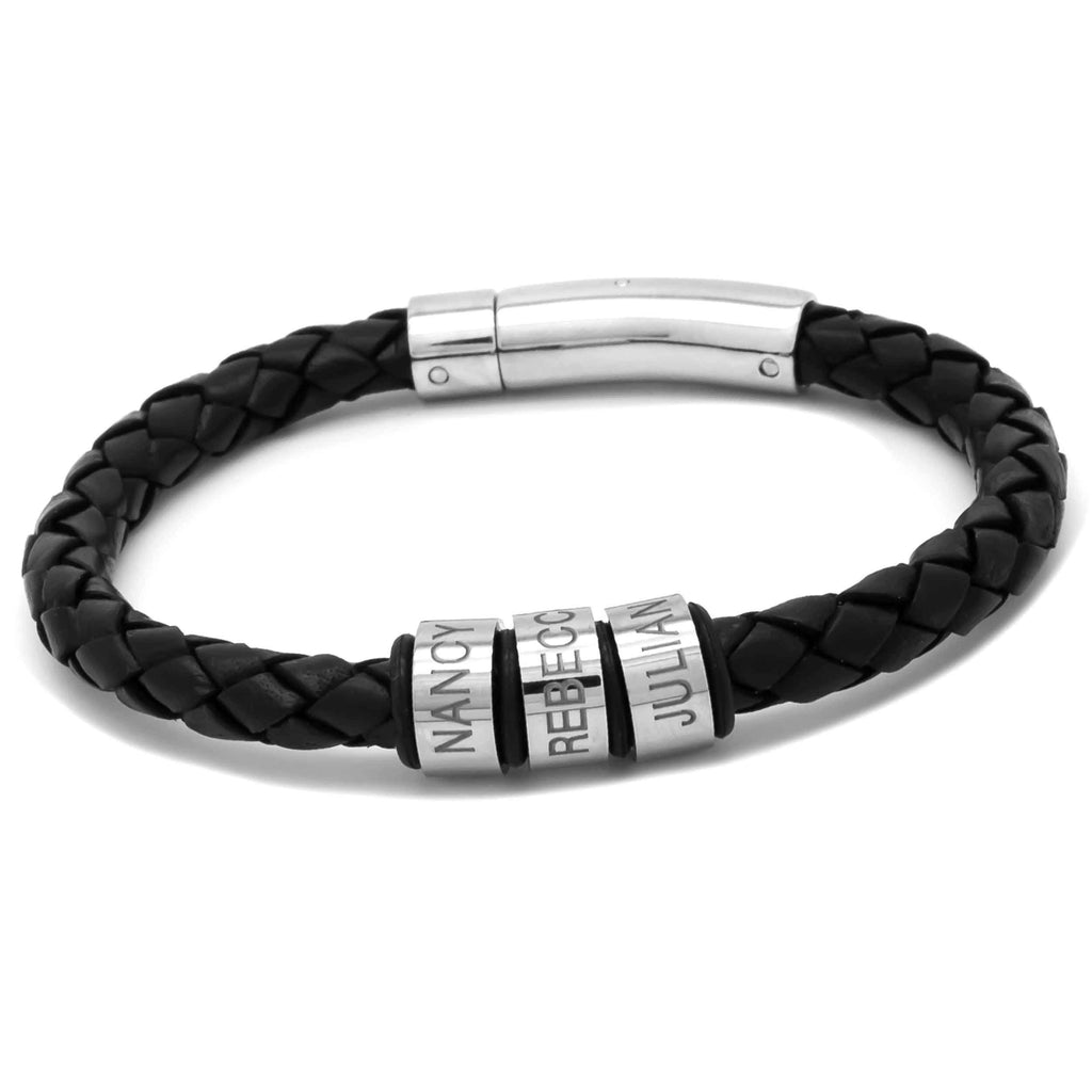 Black Leather Family Bracelet with Personalised Titanium Beads