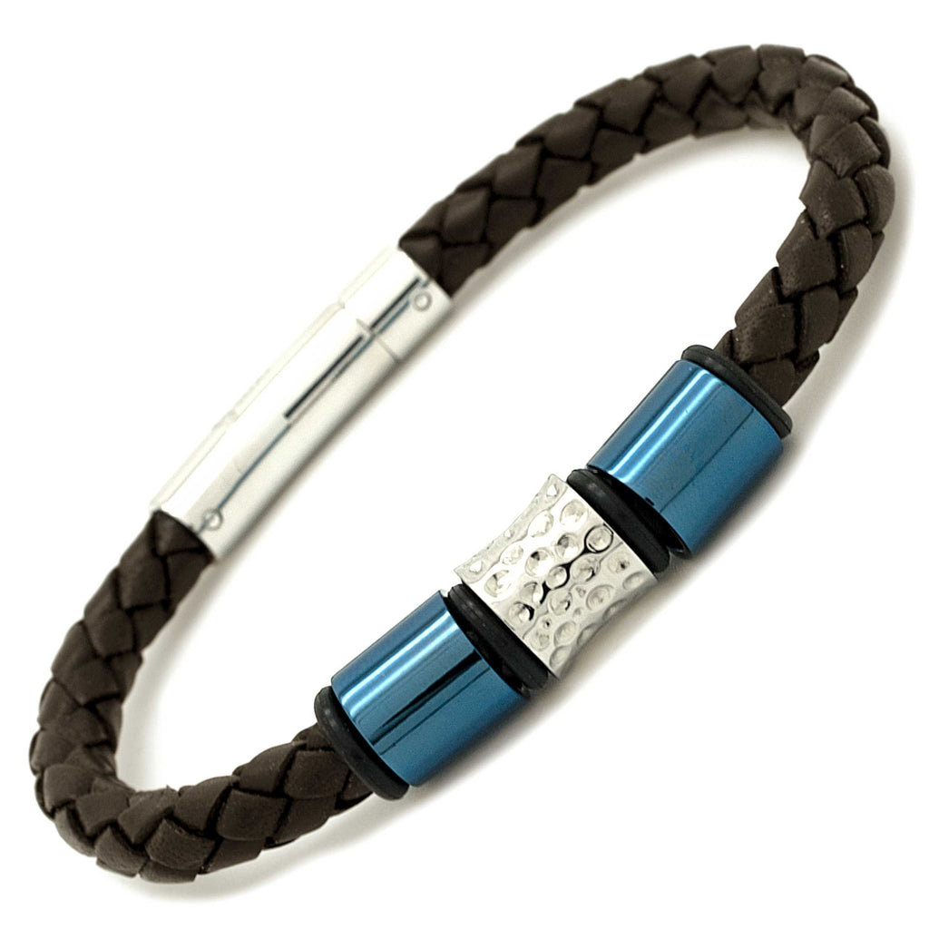 Blue Titanium Beads on a Woven Brown Leather Bracelet