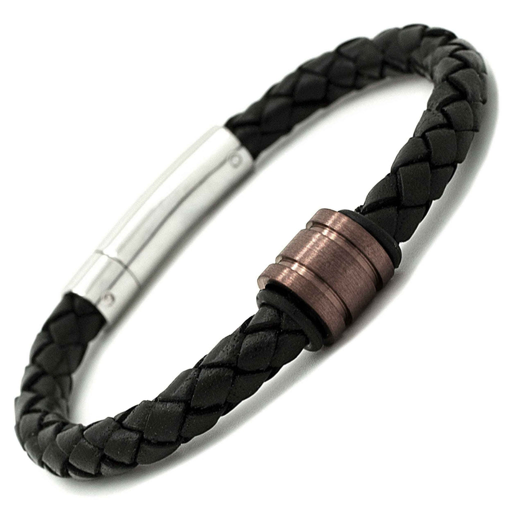 Coffee Titanium Bead with Black Leather Bracelet