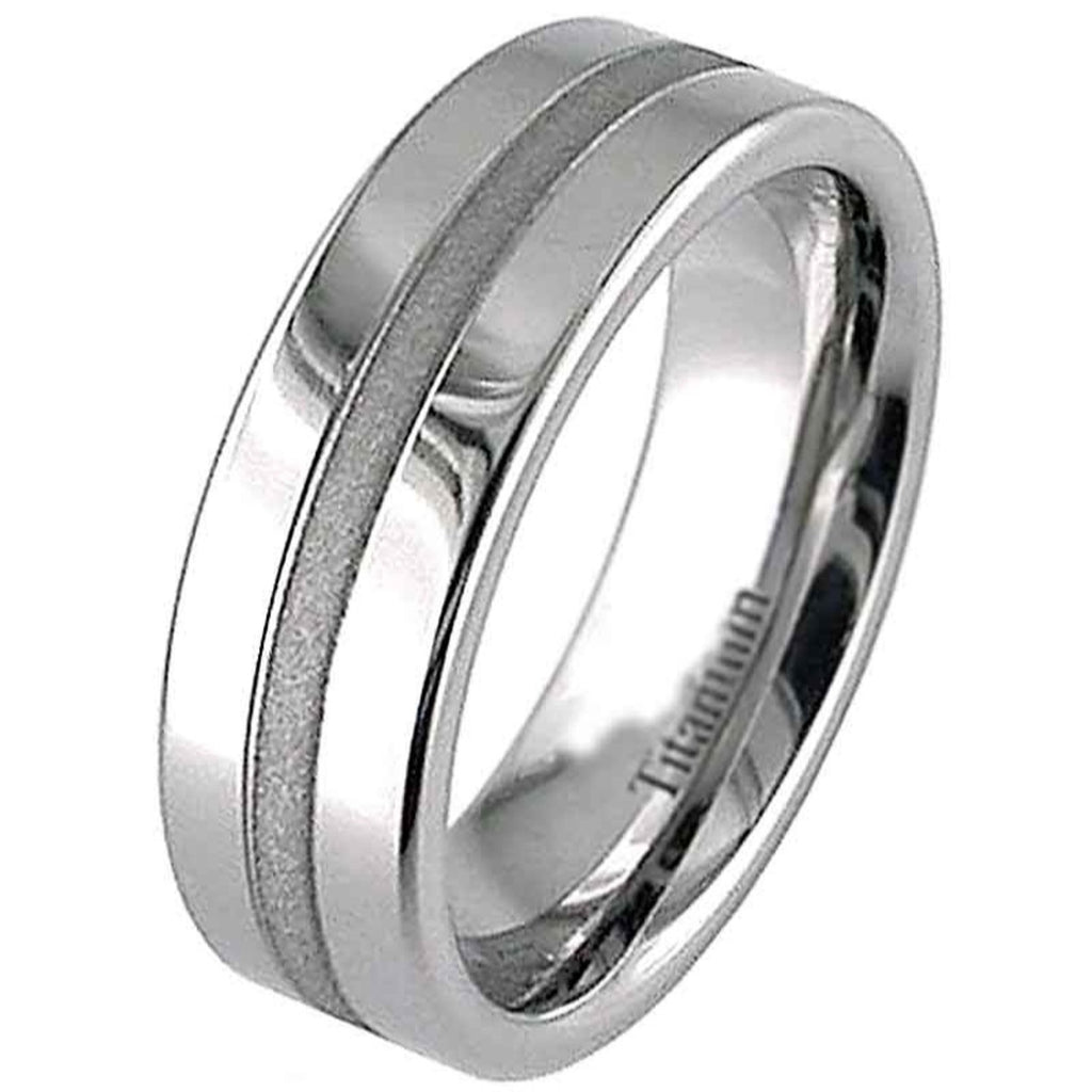Flat Profile Titanium Ring with a Central Satin Band.