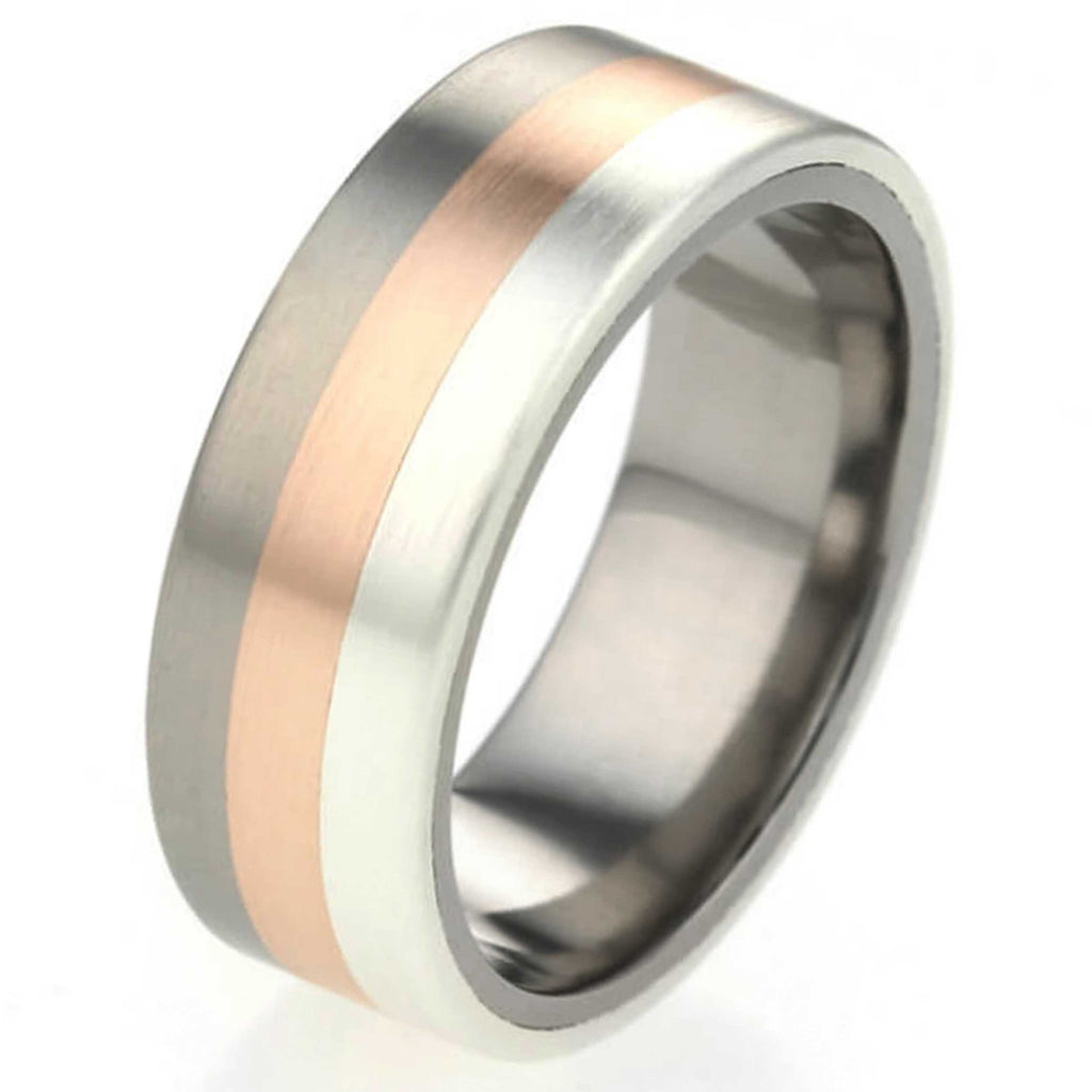 Tri Coloured Titanium Ring with Silver and Rose Gold Inlay