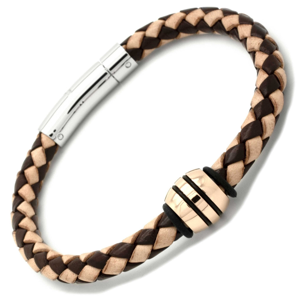 Two Tone Leather Bracelet with a Polished Rose Gold Titanium Bead
