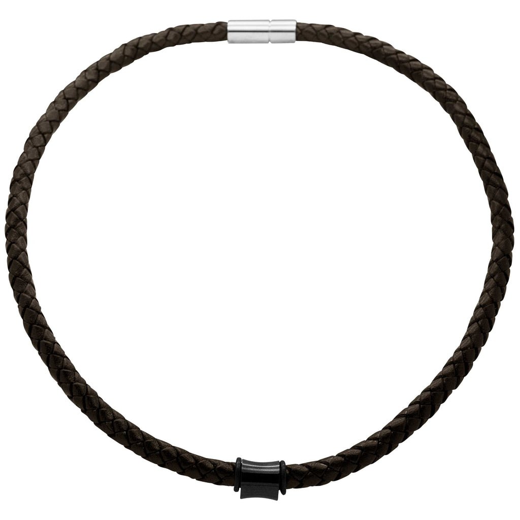 Woven Brown Leather Necklace with a Black Concave Titanium Bead