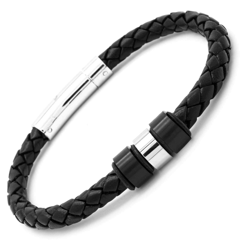 Woven Black Leather Bracelet with Titanium Beads