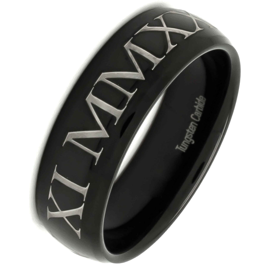 Personalised Roman Numeral Black Tungsten Carbide Ring 