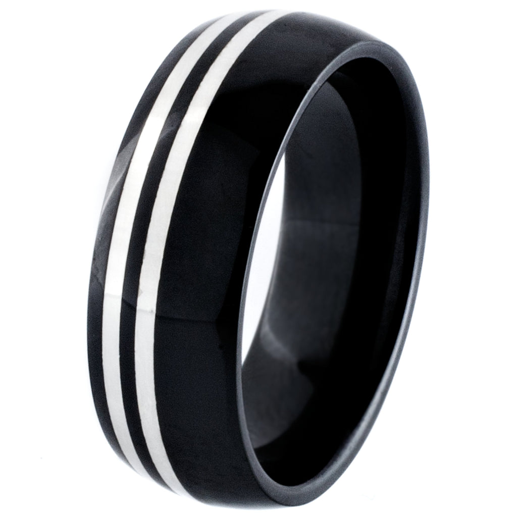 Black Ceramic Zirconia Dome Profile Ring with Silver Inlays