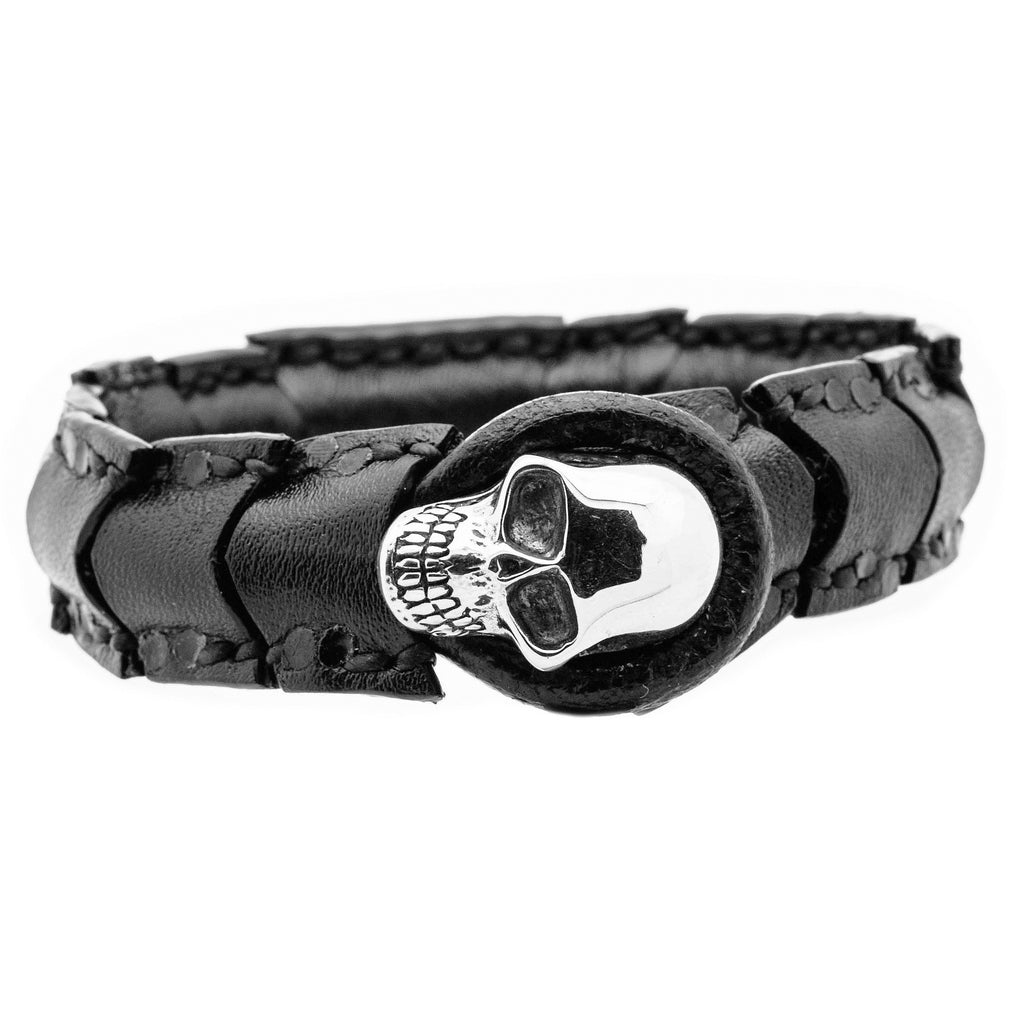 Segmented Black Leather Skull Bracelet