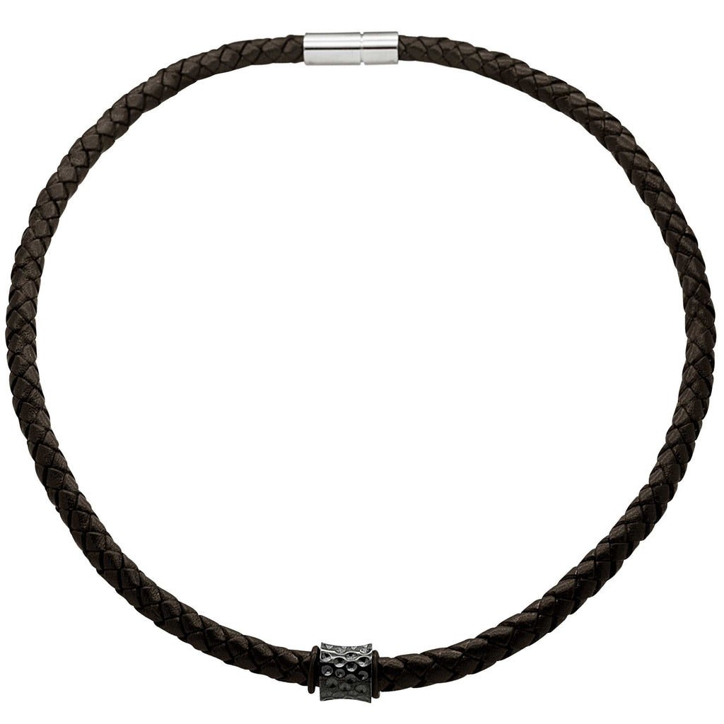 Woven Brown Leather Necklace with a Black Concave Indented Titanium Bead 