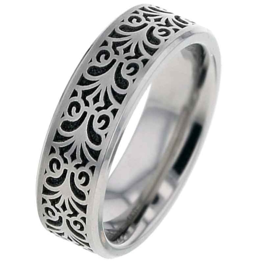 Flat Profile Titanium Wedding Ring with Baroque Design