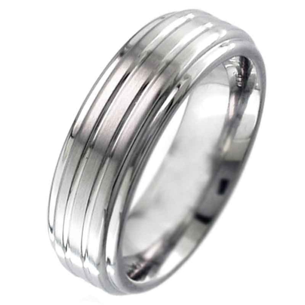 Shoulder Cut Flat Profile Two-Tone Grooved Titanium Ring.